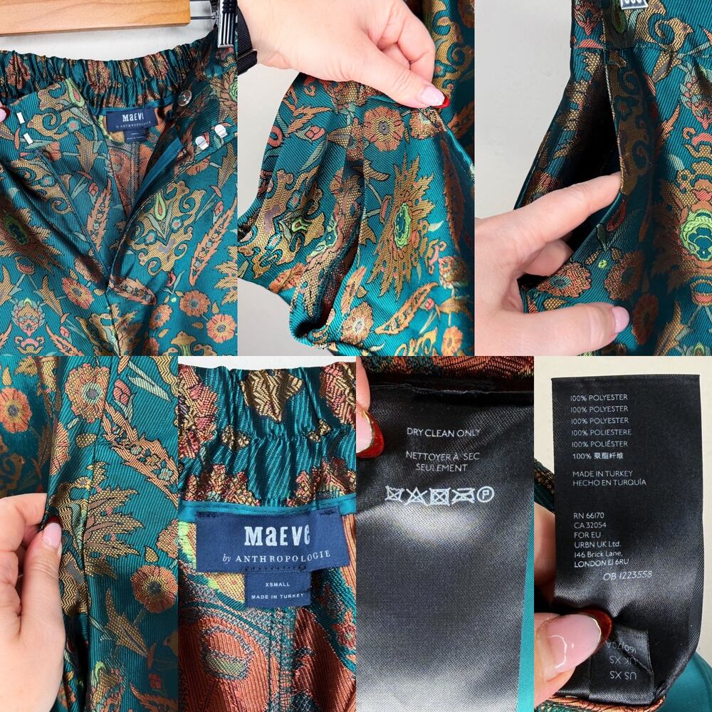 Anthropologie Maeve Melyssa Jacquard Jade Gold Metallic Paisley Trouser Pants XS - Picture 12 of 16